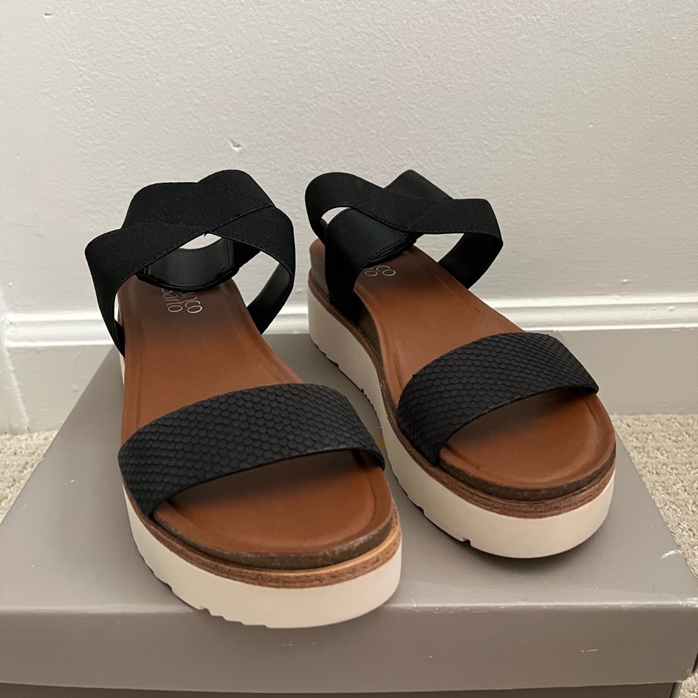 Franco Sarto Parton Black and Tan Platform Sandals